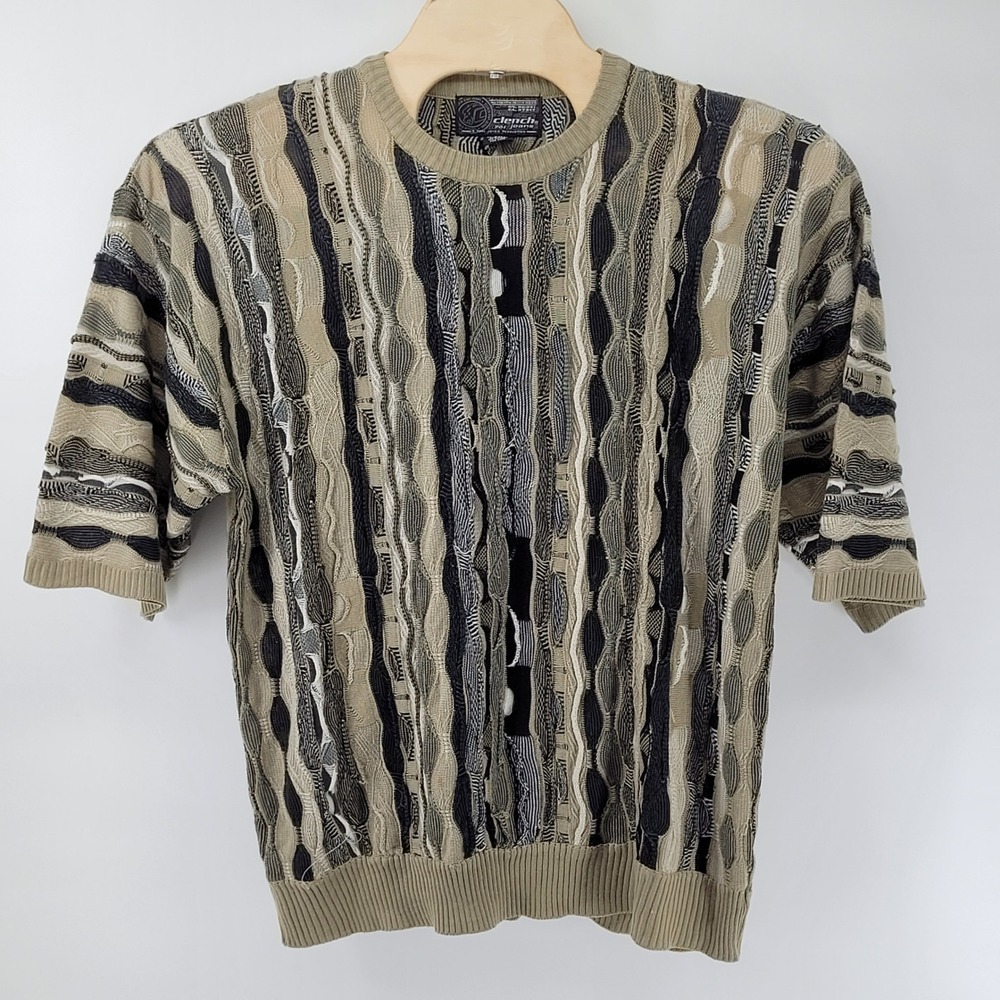 Clench Coogi Style Knit Sweater Mens XXL Green Short Sleeve 3D Textured Striped